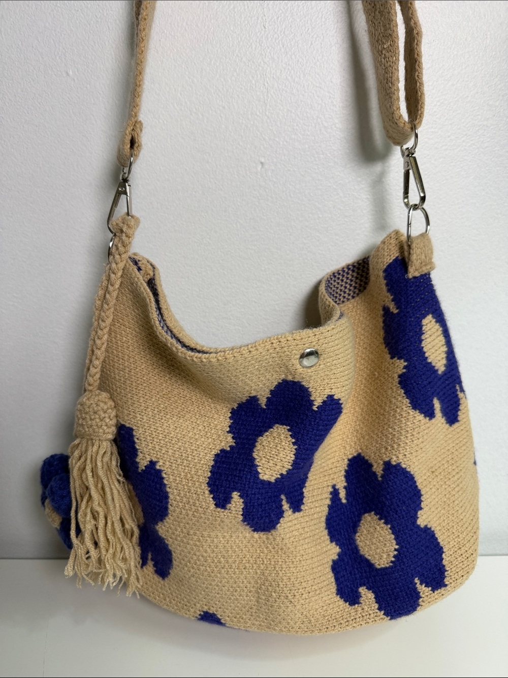 Beige Crochet Shoulder Bag with Blue Floral Accents
